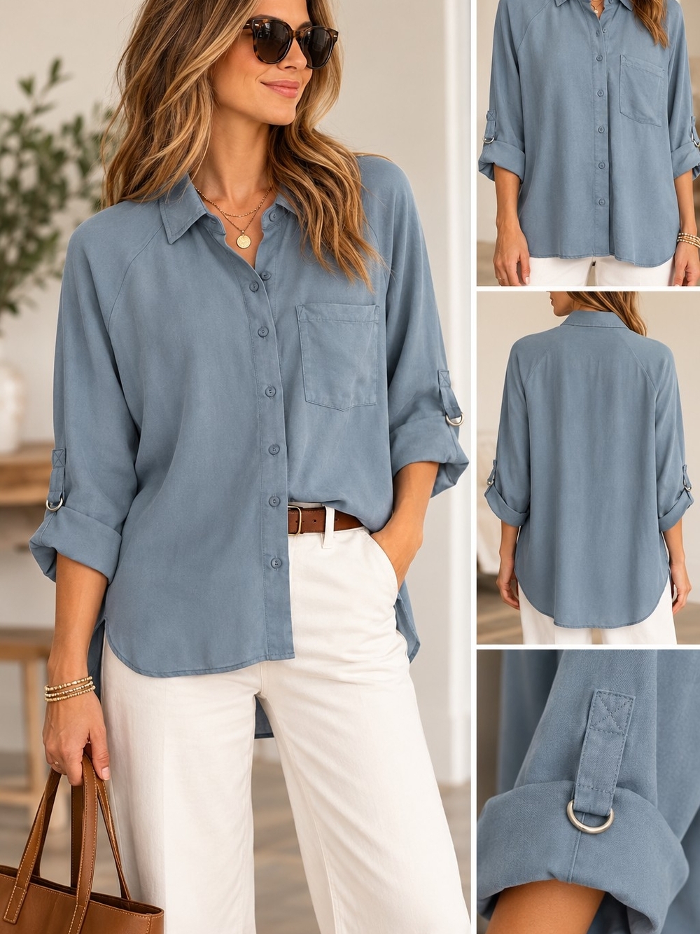 Lovestitch Blue Roll-Tab Button Down Shirt Small, NWT